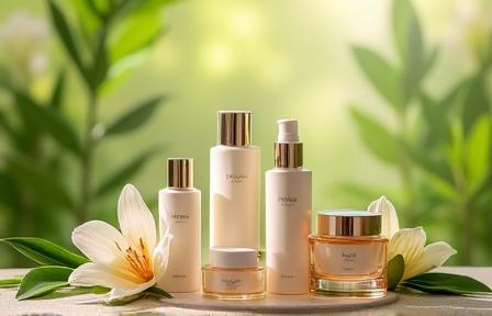 Elegant skincare products from AuraCosmetix displayed with nature-inspired elements